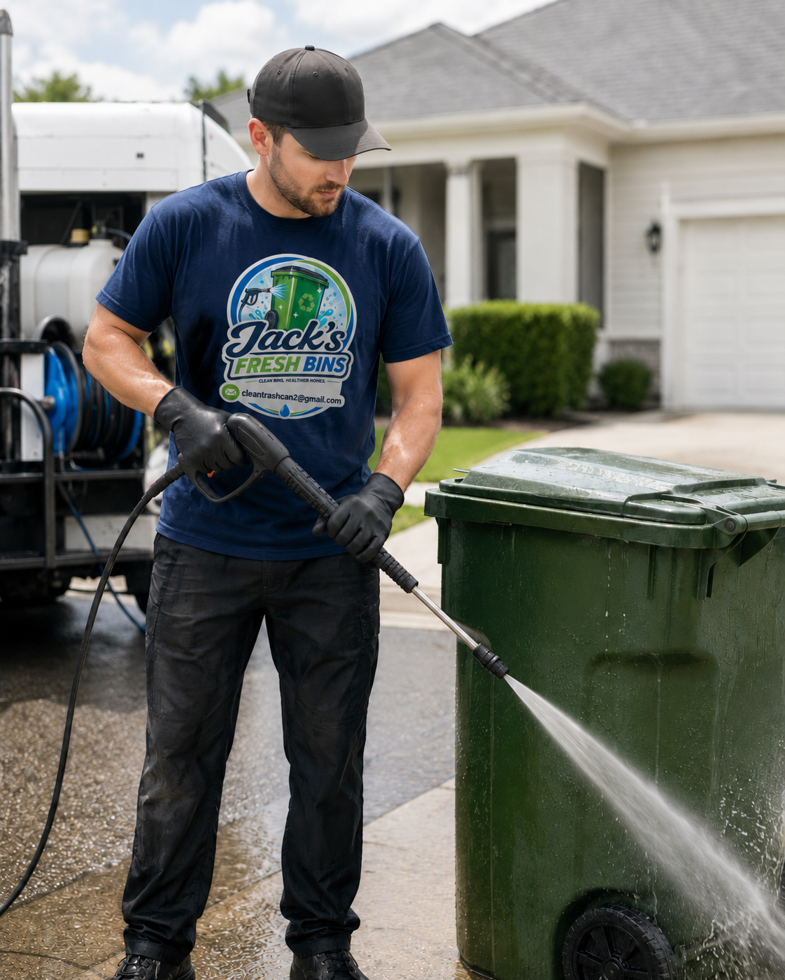 Trash can being cleaned with high-pressure water